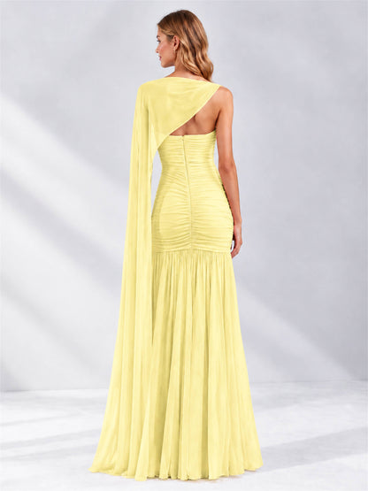 Sheath Ruched Strapless Chiffon Sleeveless Side Slit Wedding Guest Dress with Cape