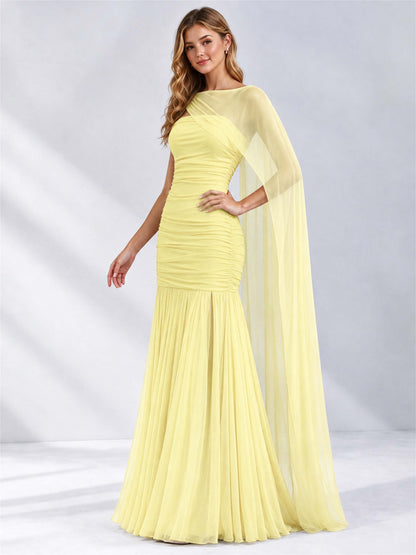 Sheath Ruched Strapless Chiffon Sleeveless Side Slit Wedding Guest Dress with Cape