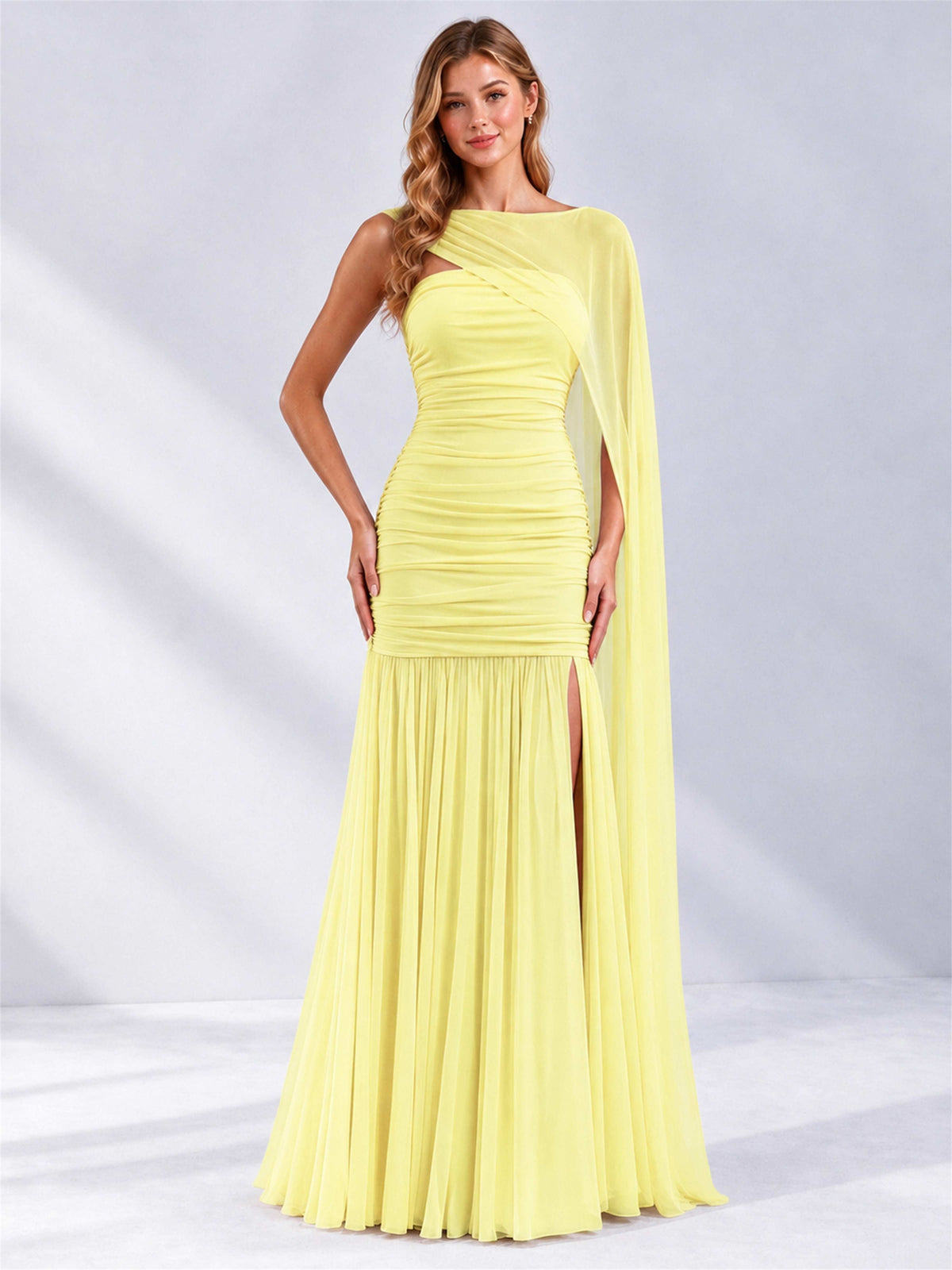 Sheath Ruched Strapless Chiffon Sleeveless Side Slit Wedding Guest Dress with Cape