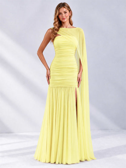 Sheath Ruched Strapless Chiffon Sleeveless Side Slit Wedding Guest Dress with Cape