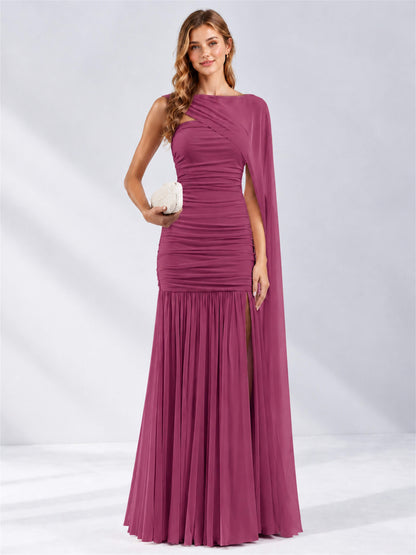 Sheath Ruched Strapless Chiffon Sleeveless Side Slit Wedding Guest Dress with Cape