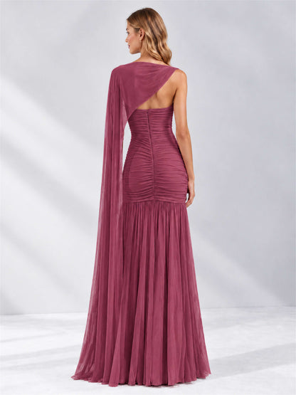 Sheath Ruched Strapless Chiffon Sleeveless Side Slit Wedding Guest Dress with Cape