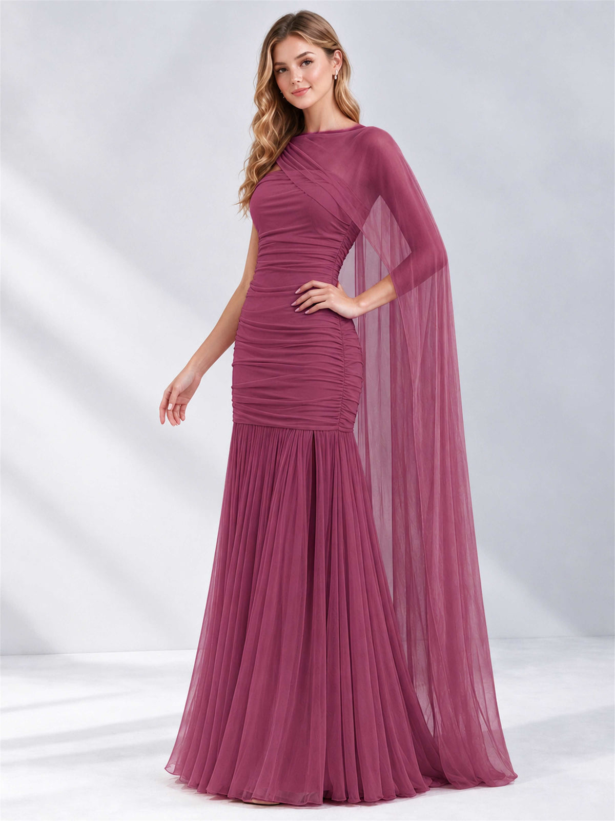 Sheath Ruched Strapless Chiffon Sleeveless Side Slit Wedding Guest Dress with Cape