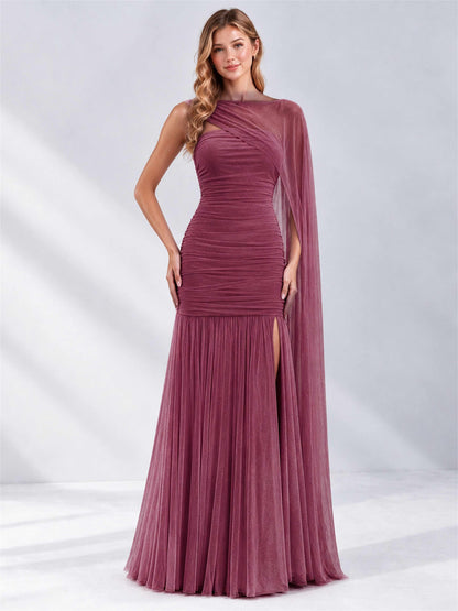 Sheath Ruched Strapless Chiffon Sleeveless Side Slit Wedding Guest Dress with Cape