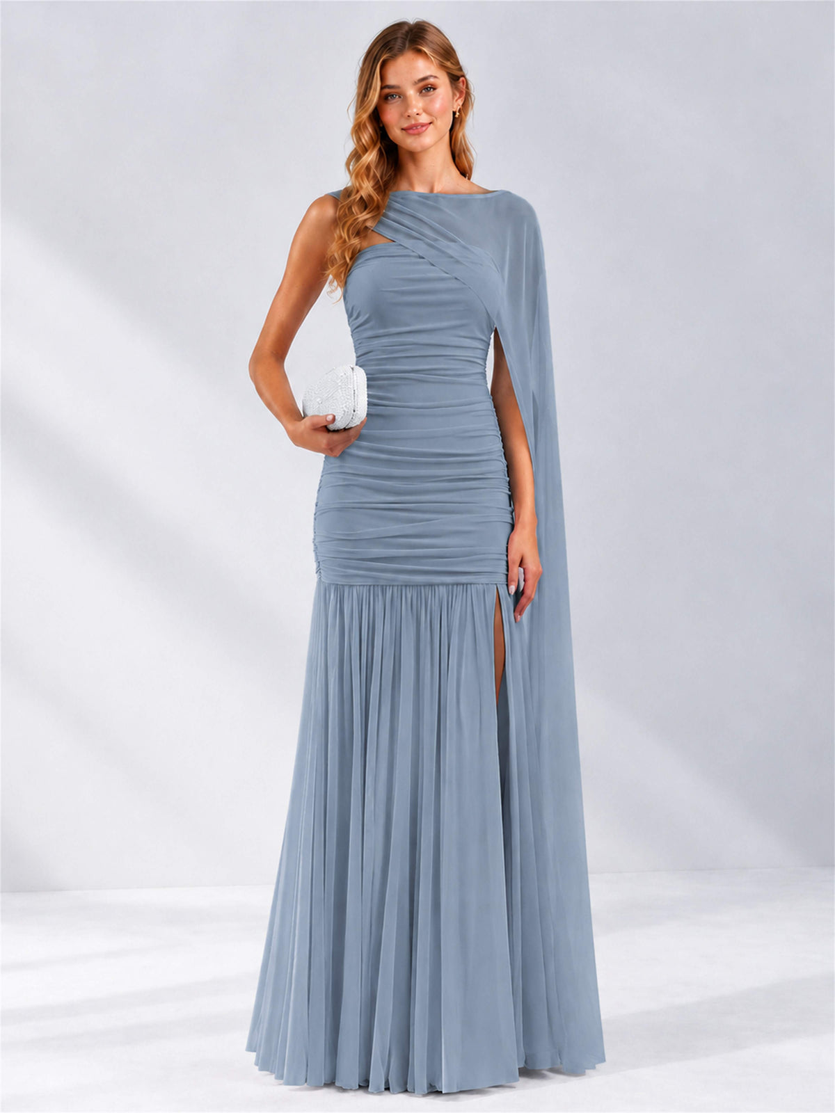 Sheath Ruched Strapless Chiffon Sleeveless Side Slit Wedding Guest Dress with Cape