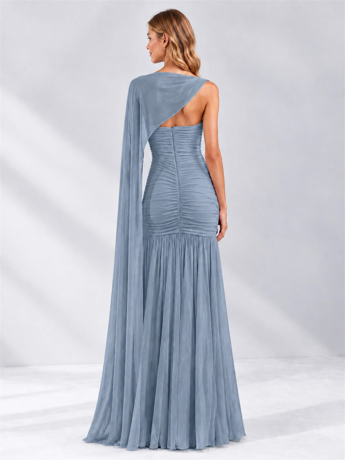 Sheath Ruched Strapless Chiffon Sleeveless Side Slit Wedding Guest Dress with Cape