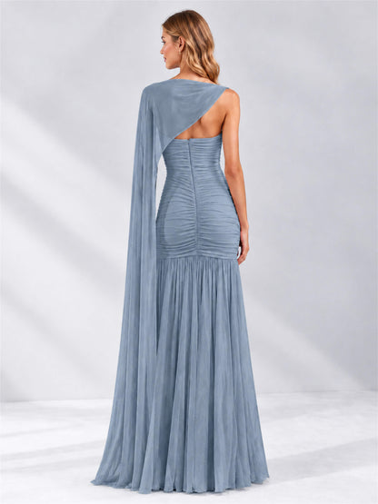 Sheath Ruched Strapless Chiffon Sleeveless Side Slit Wedding Guest Dress with Cape