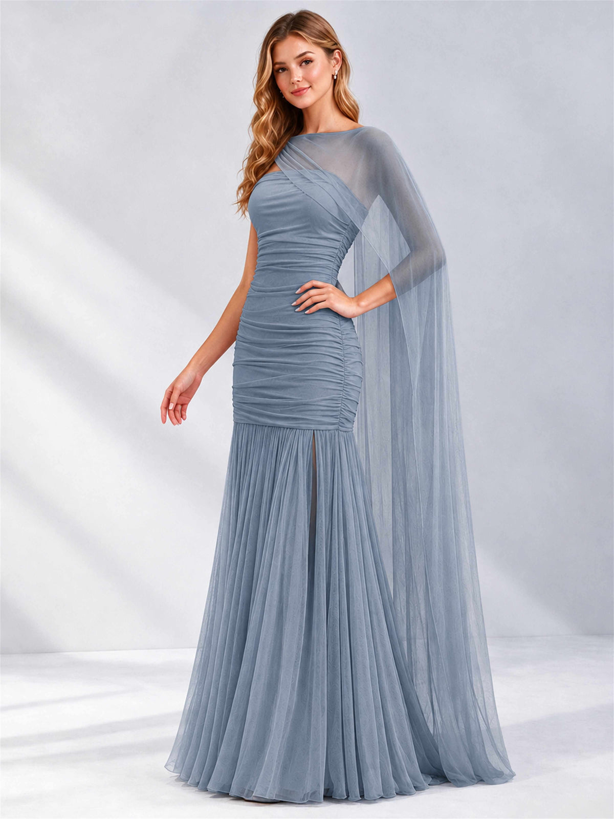 Sheath Ruched Strapless Chiffon Sleeveless Side Slit Wedding Guest Dress with Cape