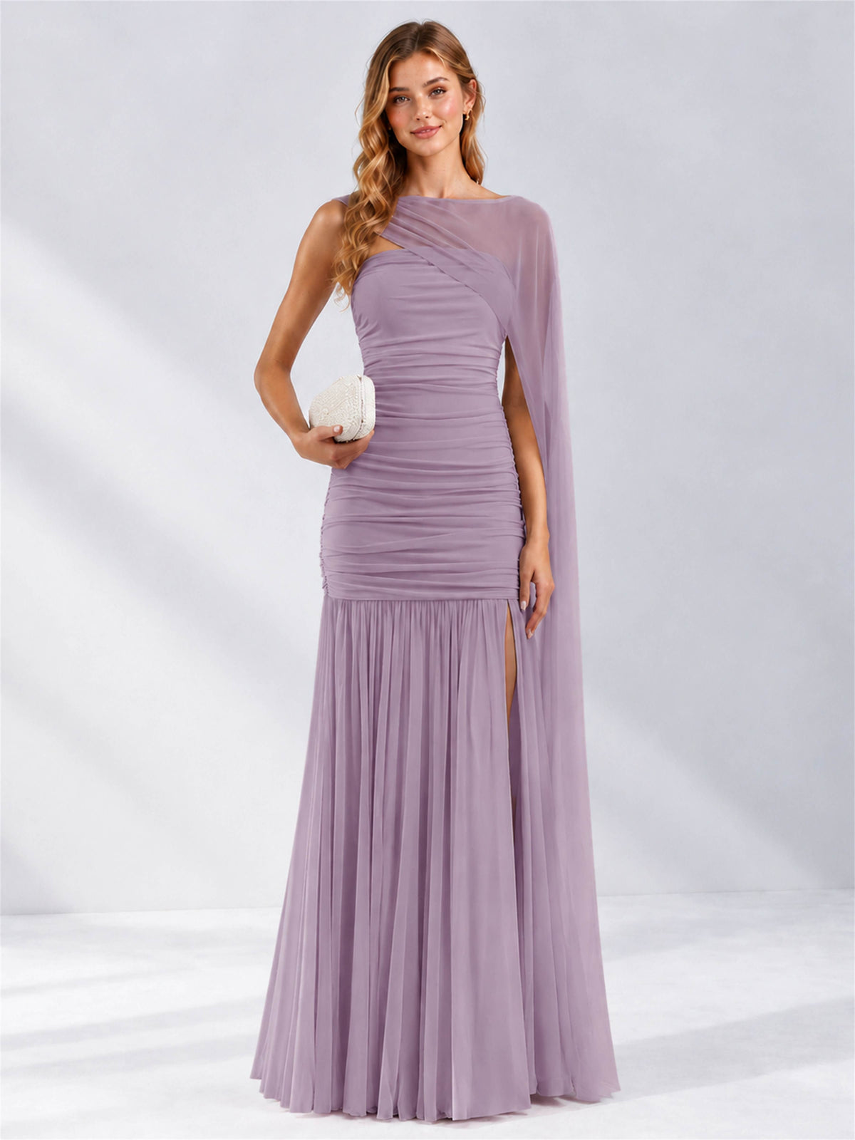 Sheath Ruched Strapless Chiffon Sleeveless Side Slit Wedding Guest Dress with Cape