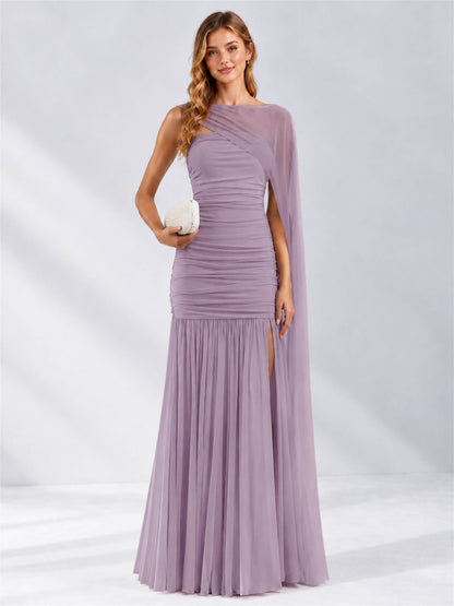 Sheath Ruched Strapless Chiffon Sleeveless Side Slit Wedding Guest Dress with Cape