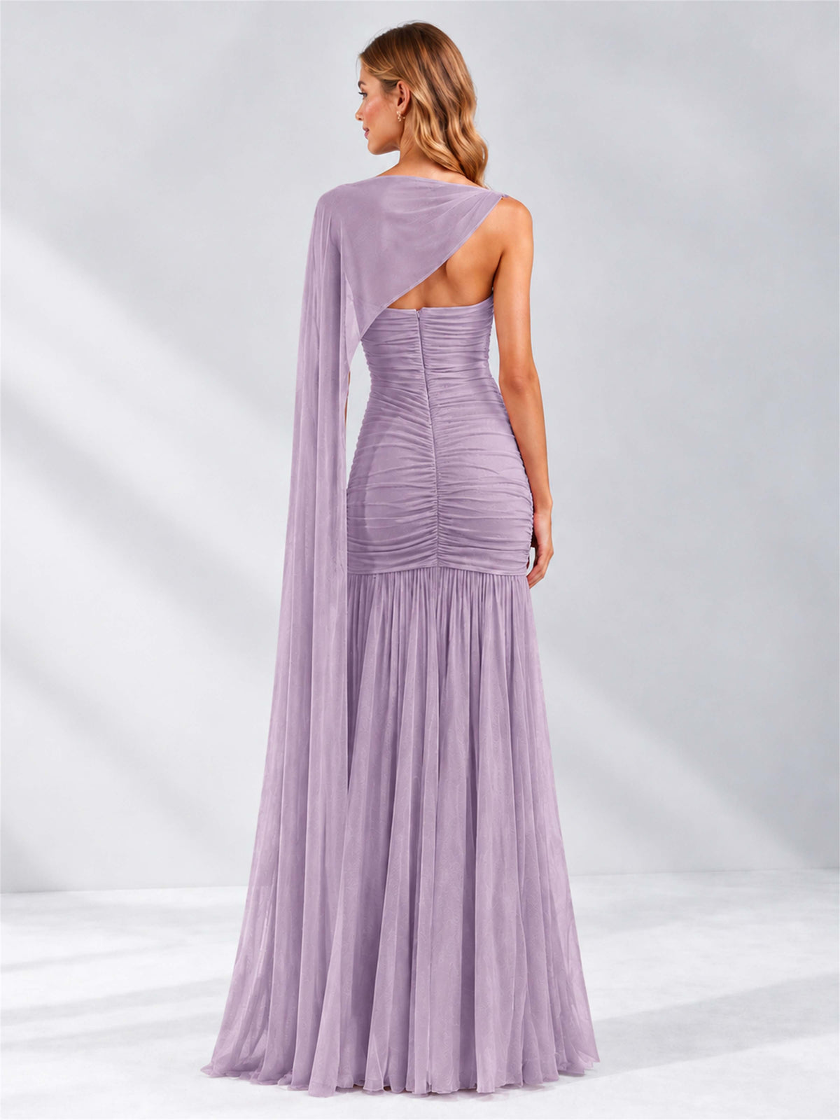 Sheath Ruched Strapless Chiffon Sleeveless Side Slit Wedding Guest Dress with Cape