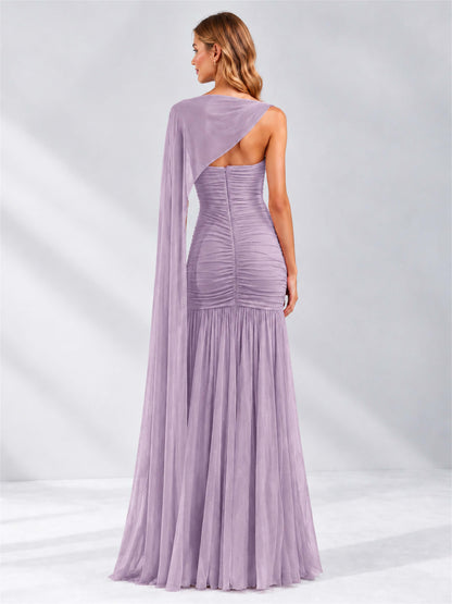 Sheath Ruched Strapless Chiffon Sleeveless Side Slit Wedding Guest Dress with Cape