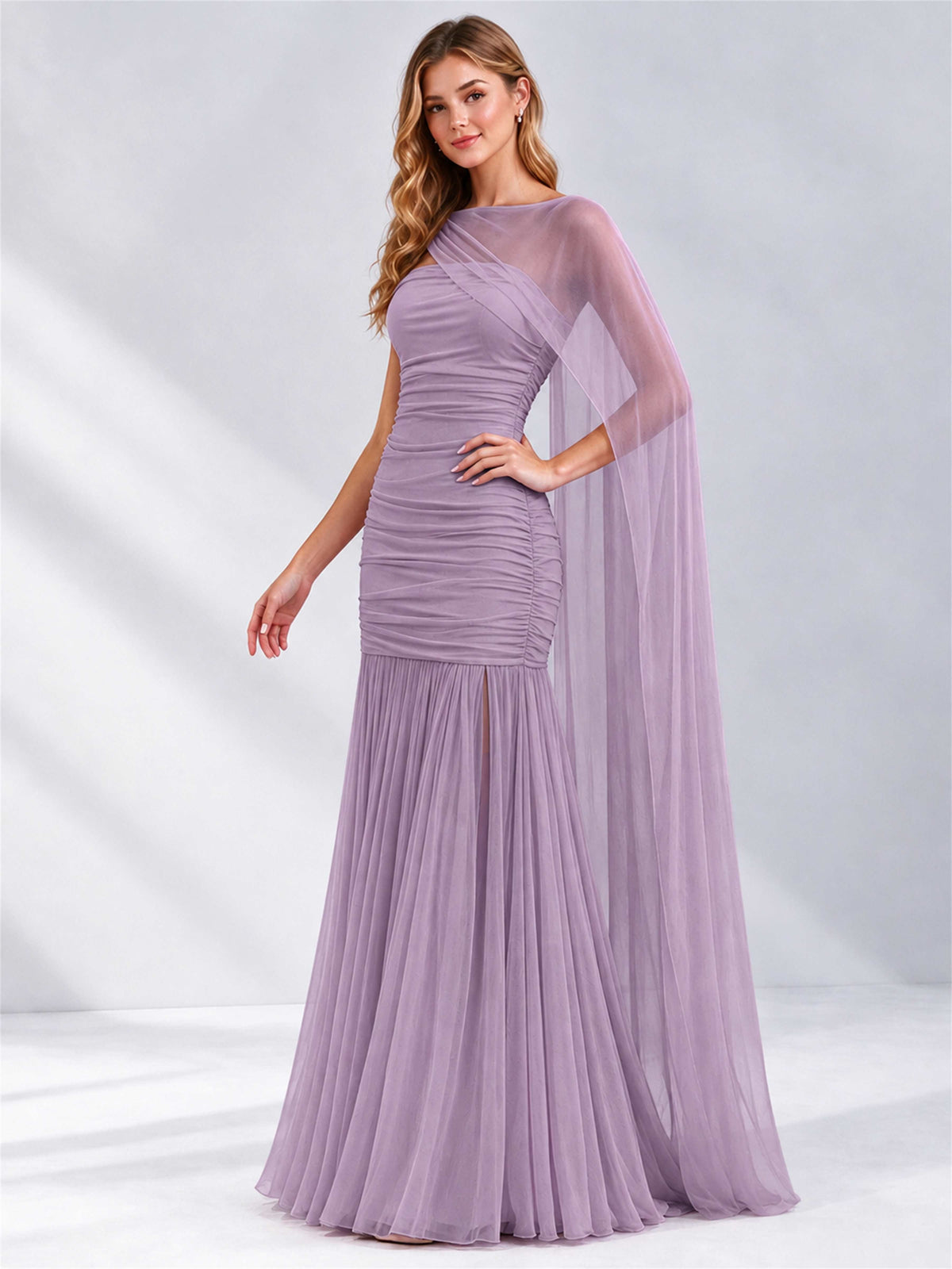 Sheath Ruched Strapless Chiffon Sleeveless Side Slit Wedding Guest Dress with Cape