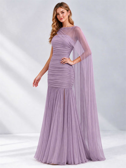 Sheath Ruched Strapless Chiffon Sleeveless Side Slit Wedding Guest Dress with Cape