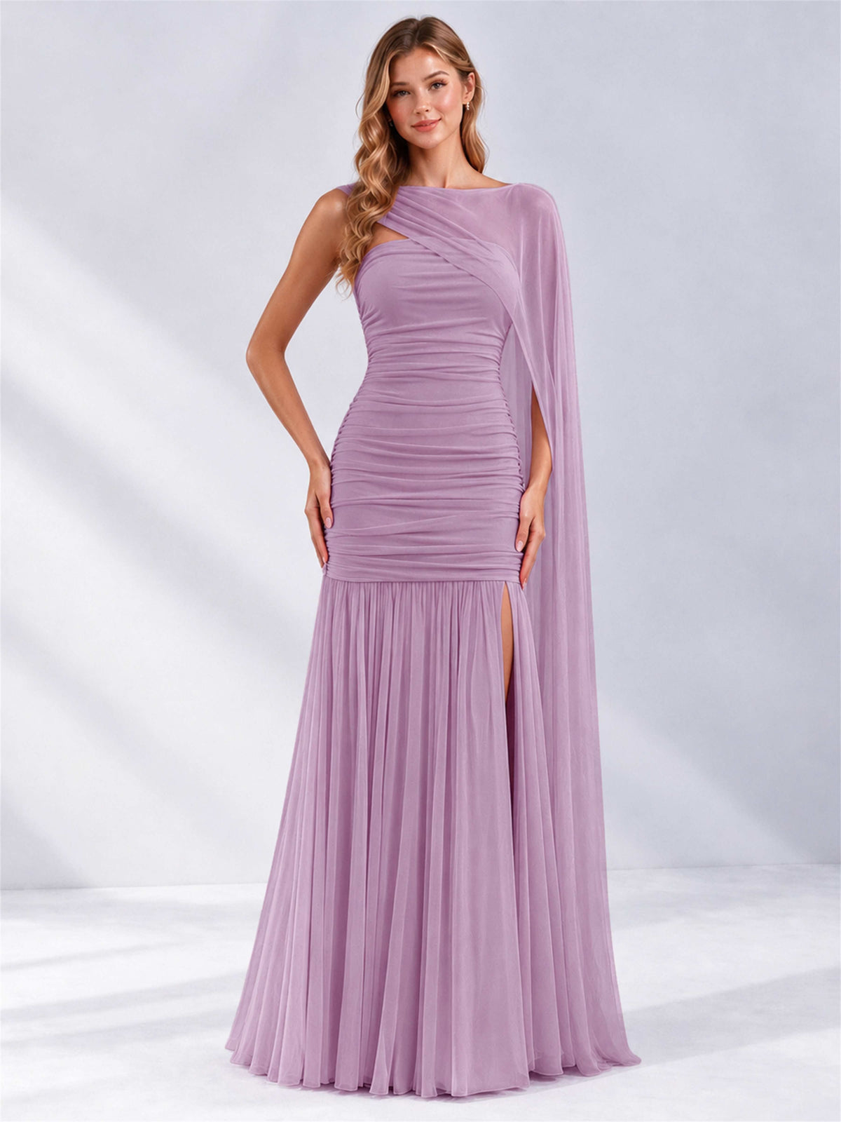 Sheath Ruched Strapless Chiffon Sleeveless Side Slit Wedding Guest Dress with Cape
