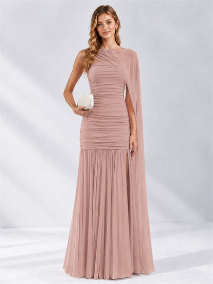 Sheath Ruched Strapless Chiffon Sleeveless Side Slit Wedding Guest Dress with Cape