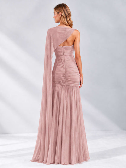 Sheath Ruched Strapless Chiffon Sleeveless Side Slit Wedding Guest Dress with Cape