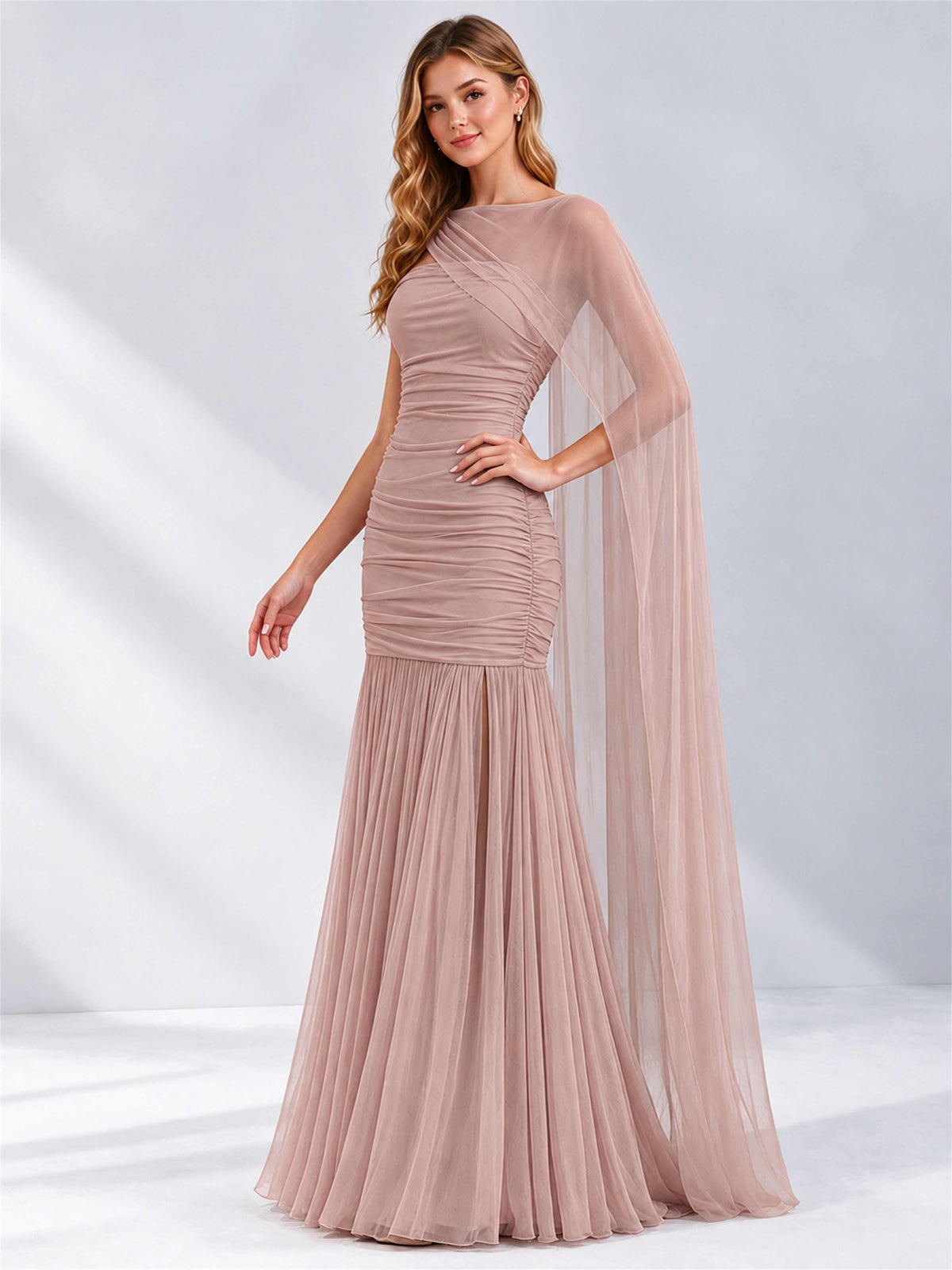 Sheath Ruched Strapless Chiffon Sleeveless Side Slit Wedding Guest Dress with Cape