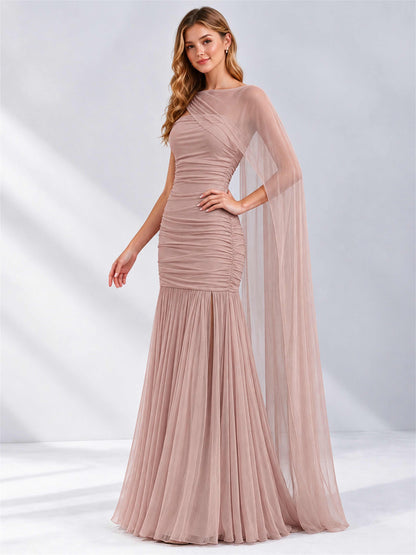 Sheath Ruched Strapless Chiffon Sleeveless Side Slit Wedding Guest Dress with Cape