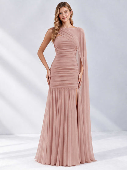Sheath Ruched Strapless Chiffon Sleeveless Side Slit Wedding Guest Dress with Cape