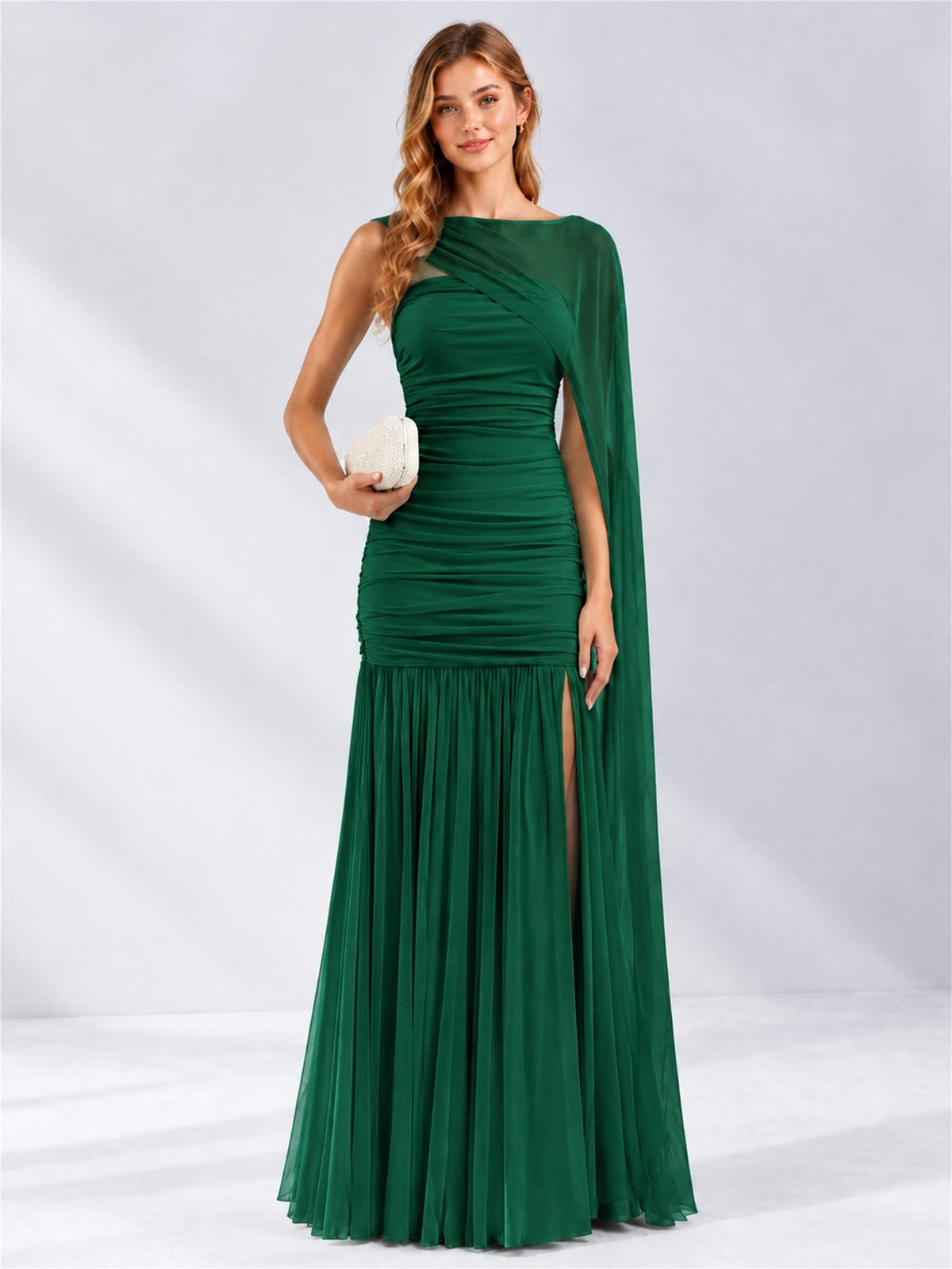 Sheath Ruched Strapless Chiffon Sleeveless Side Slit Wedding Guest Dress with Cape