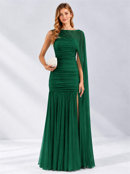 Sheath Ruched Strapless Chiffon Sleeveless Side Slit Wedding Guest Dress with Cape