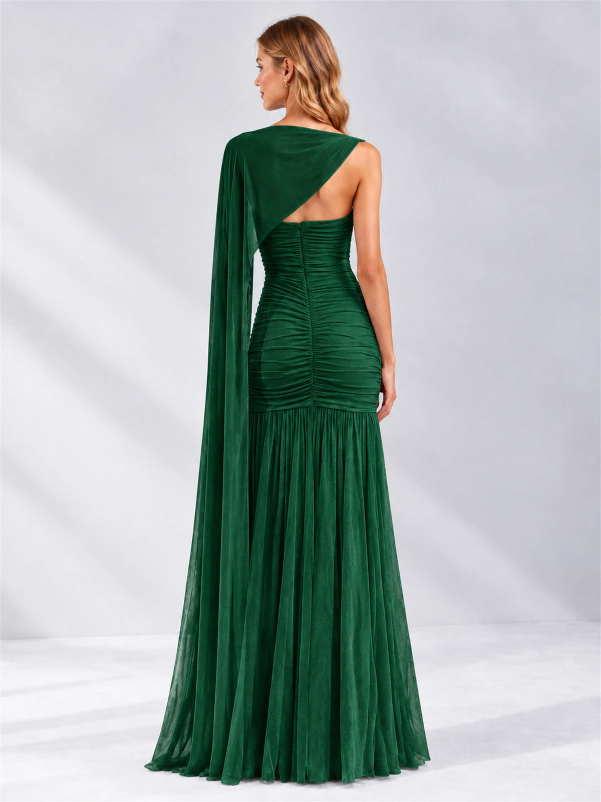 Sheath Ruched Strapless Chiffon Sleeveless Side Slit Wedding Guest Dress with Cape