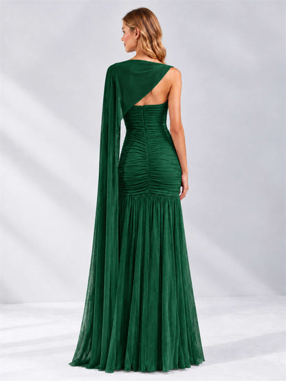 Sheath Ruched Strapless Chiffon Sleeveless Side Slit Wedding Guest Dress with Cape