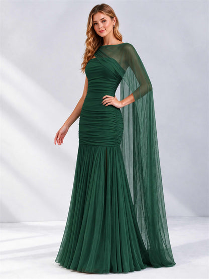 Sheath Ruched Strapless Chiffon Sleeveless Side Slit Wedding Guest Dress with Cape