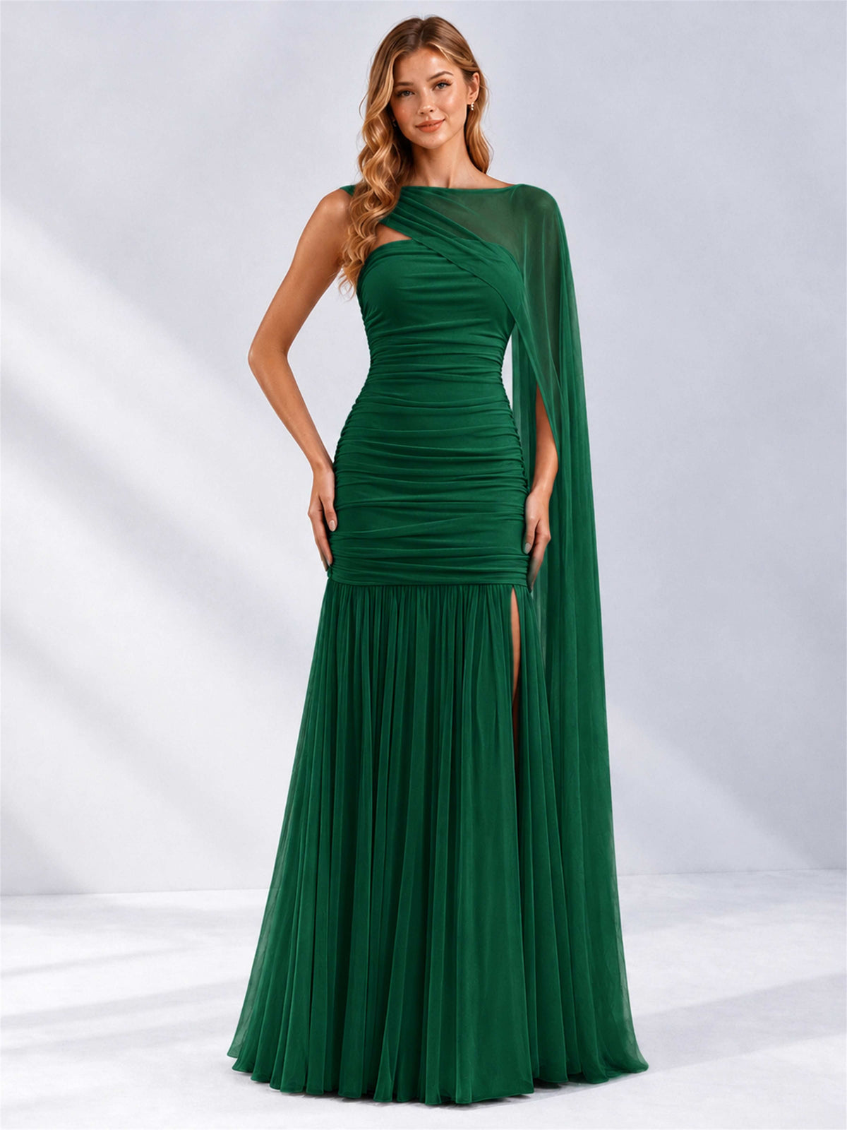 Sheath Ruched Strapless Chiffon Sleeveless Side Slit Wedding Guest Dress with Cape