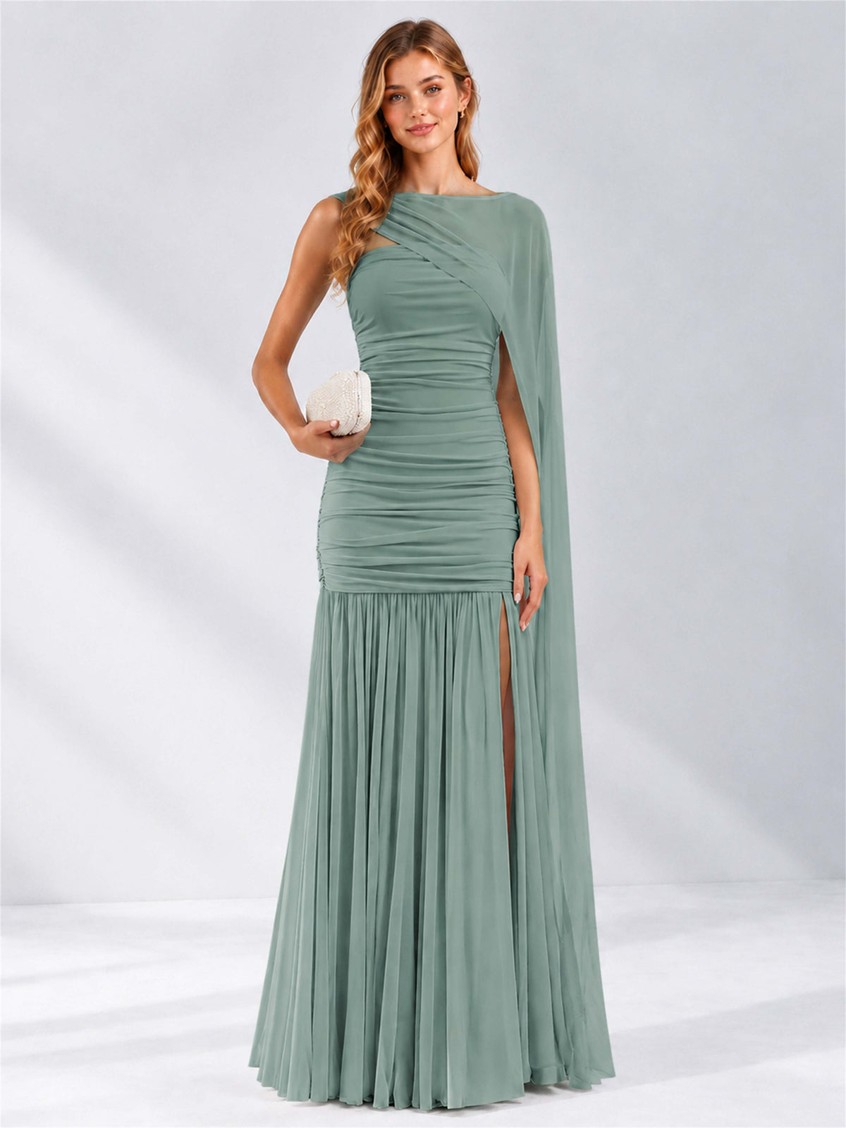 Sheath Ruched Strapless Chiffon Sleeveless Side Slit Wedding Guest Dress with Cape
