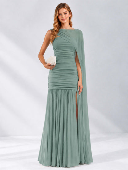 Sheath Ruched Strapless Chiffon Sleeveless Side Slit Wedding Guest Dress with Cape