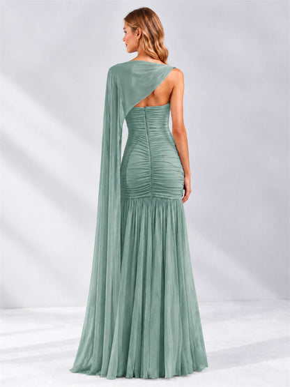 Sheath Ruched Strapless Chiffon Sleeveless Side Slit Wedding Guest Dress with Cape