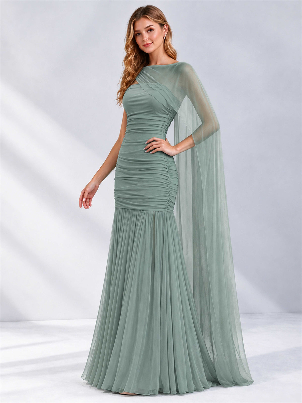 Sheath Ruched Strapless Chiffon Sleeveless Side Slit Wedding Guest Dress with Cape