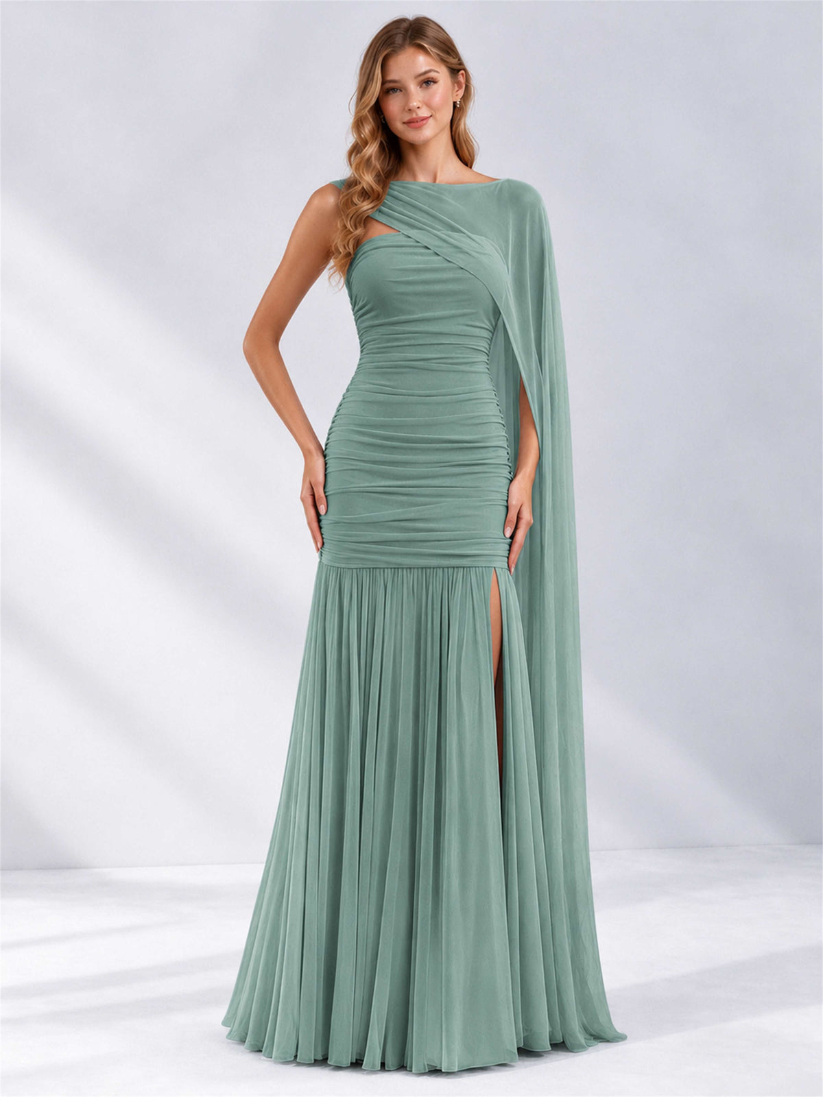 Sheath Ruched Strapless Chiffon Sleeveless Side Slit Wedding Guest Dress with Cape