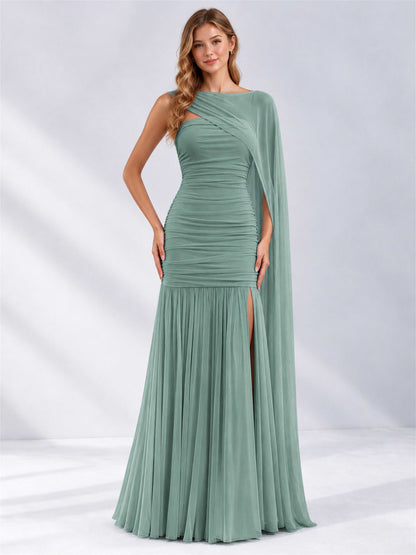 Sheath Ruched Strapless Chiffon Sleeveless Side Slit Wedding Guest Dress with Cape