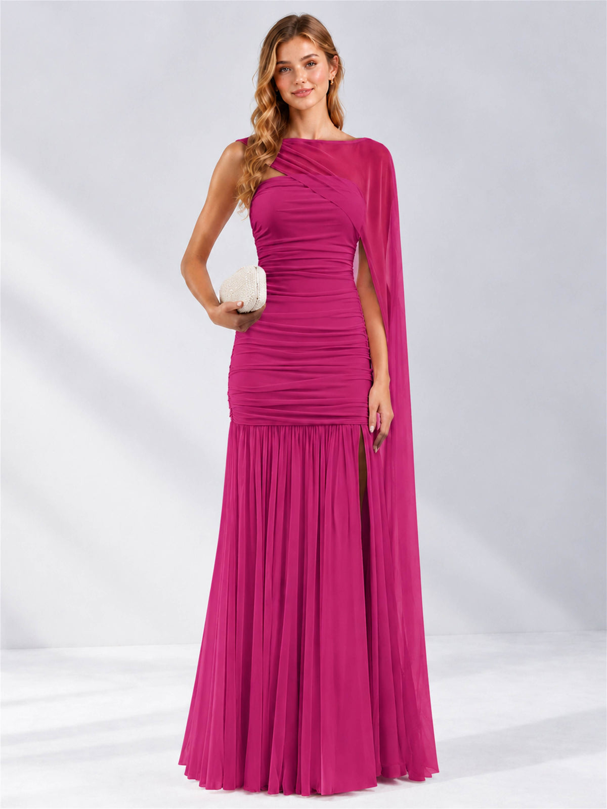 Sheath Ruched Strapless Chiffon Sleeveless Side Slit Wedding Guest Dress with Cape