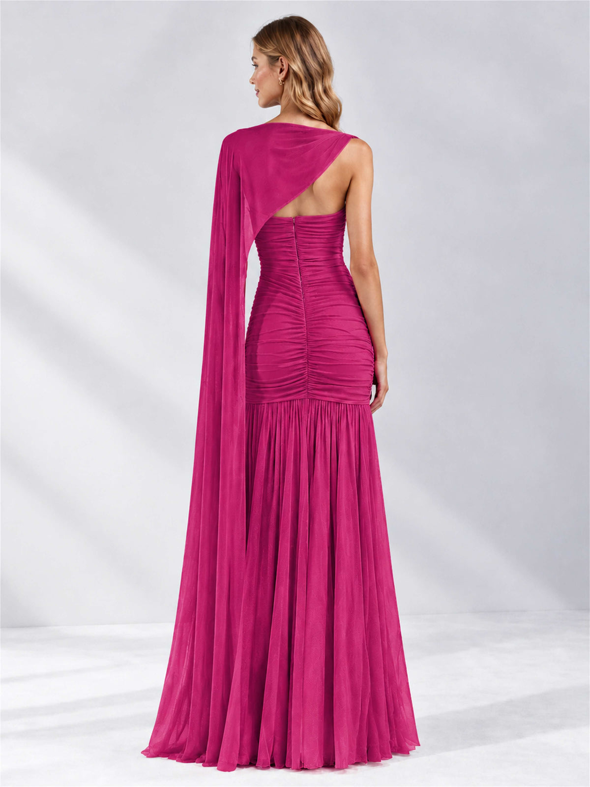 Sheath Ruched Strapless Chiffon Sleeveless Side Slit Wedding Guest Dress with Cape