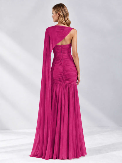 Sheath Ruched Strapless Chiffon Sleeveless Side Slit Wedding Guest Dress with Cape