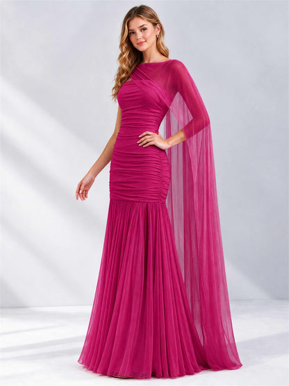 Sheath Ruched Strapless Chiffon Sleeveless Side Slit Wedding Guest Dress with Cape