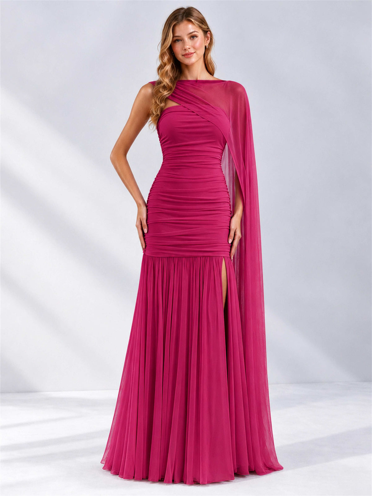 Sheath Ruched Strapless Chiffon Sleeveless Side Slit Wedding Guest Dress with Cape