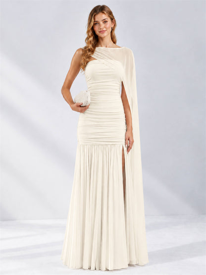 Sheath Ruched Strapless Chiffon Sleeveless Side Slit Wedding Guest Dress with Cape