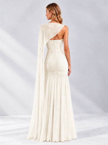 Sheath Ruched Strapless Chiffon Sleeveless Side Slit Wedding Guest Dress with Cape