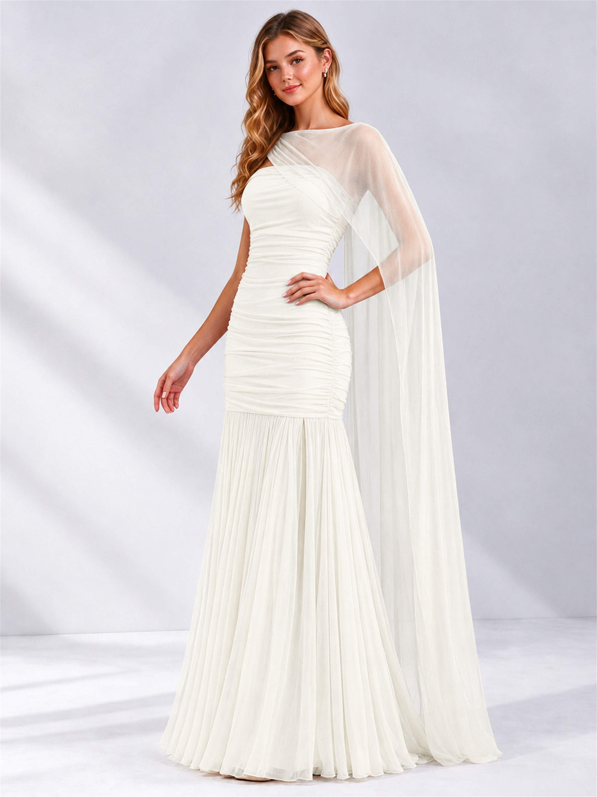 Sheath Ruched Strapless Chiffon Sleeveless Side Slit Wedding Guest Dress with Cape