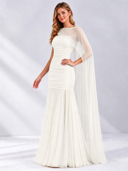 Sheath Ruched Strapless Chiffon Sleeveless Side Slit Wedding Guest Dress with Cape