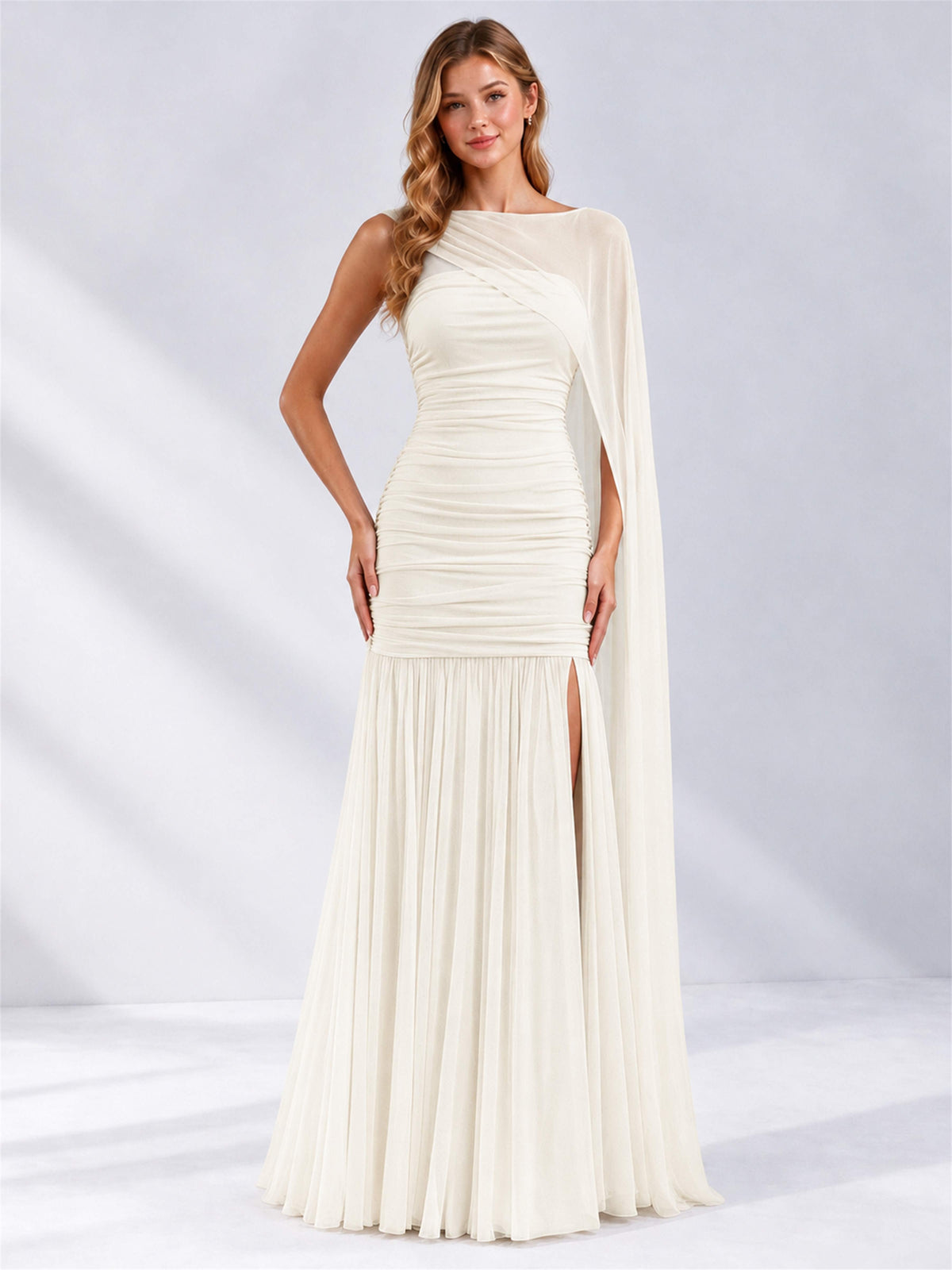 Sheath Ruched Strapless Chiffon Sleeveless Side Slit Wedding Guest Dress with Cape