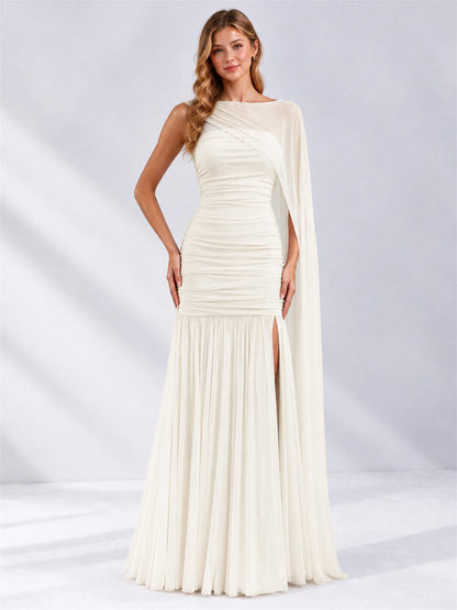 Sheath Ruched Strapless Chiffon Sleeveless Side Slit Wedding Guest Dress with Cape