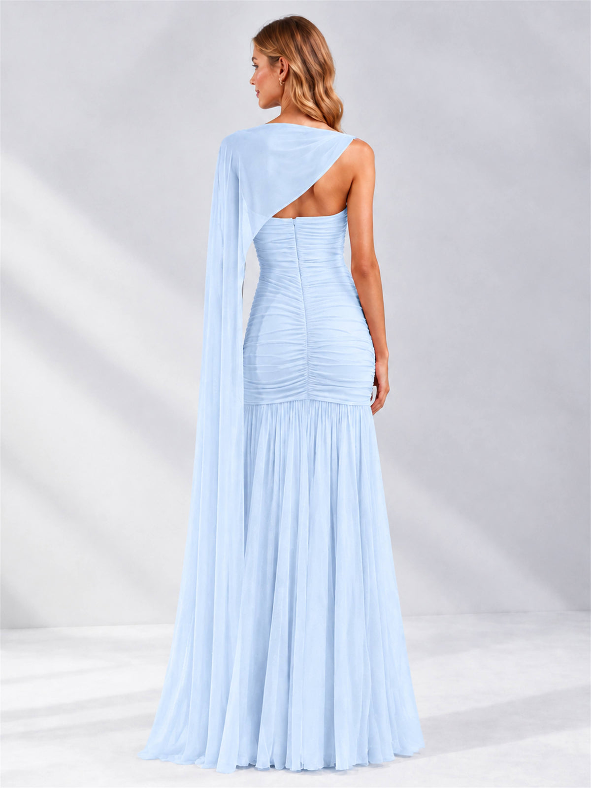 Sheath Ruched Strapless Chiffon Sleeveless Side Slit Wedding Guest Dress with Cape