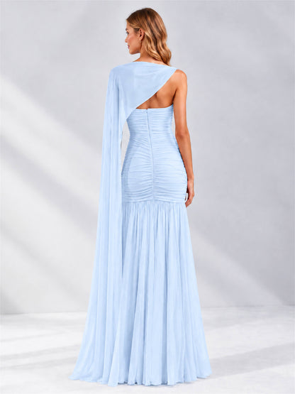 Sheath Ruched Strapless Chiffon Sleeveless Side Slit Wedding Guest Dress with Cape