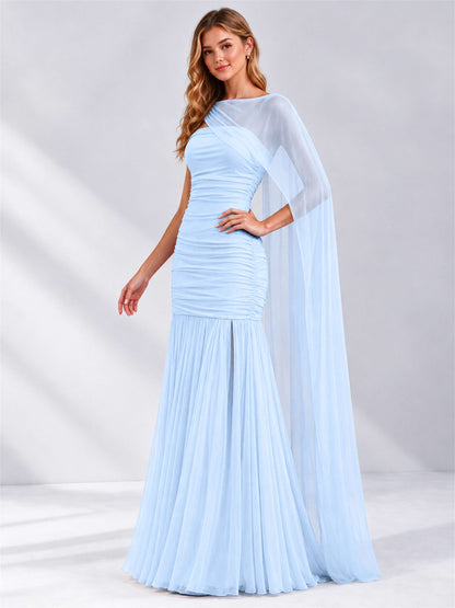 Sheath Ruched Strapless Chiffon Sleeveless Side Slit Wedding Guest Dress with Cape